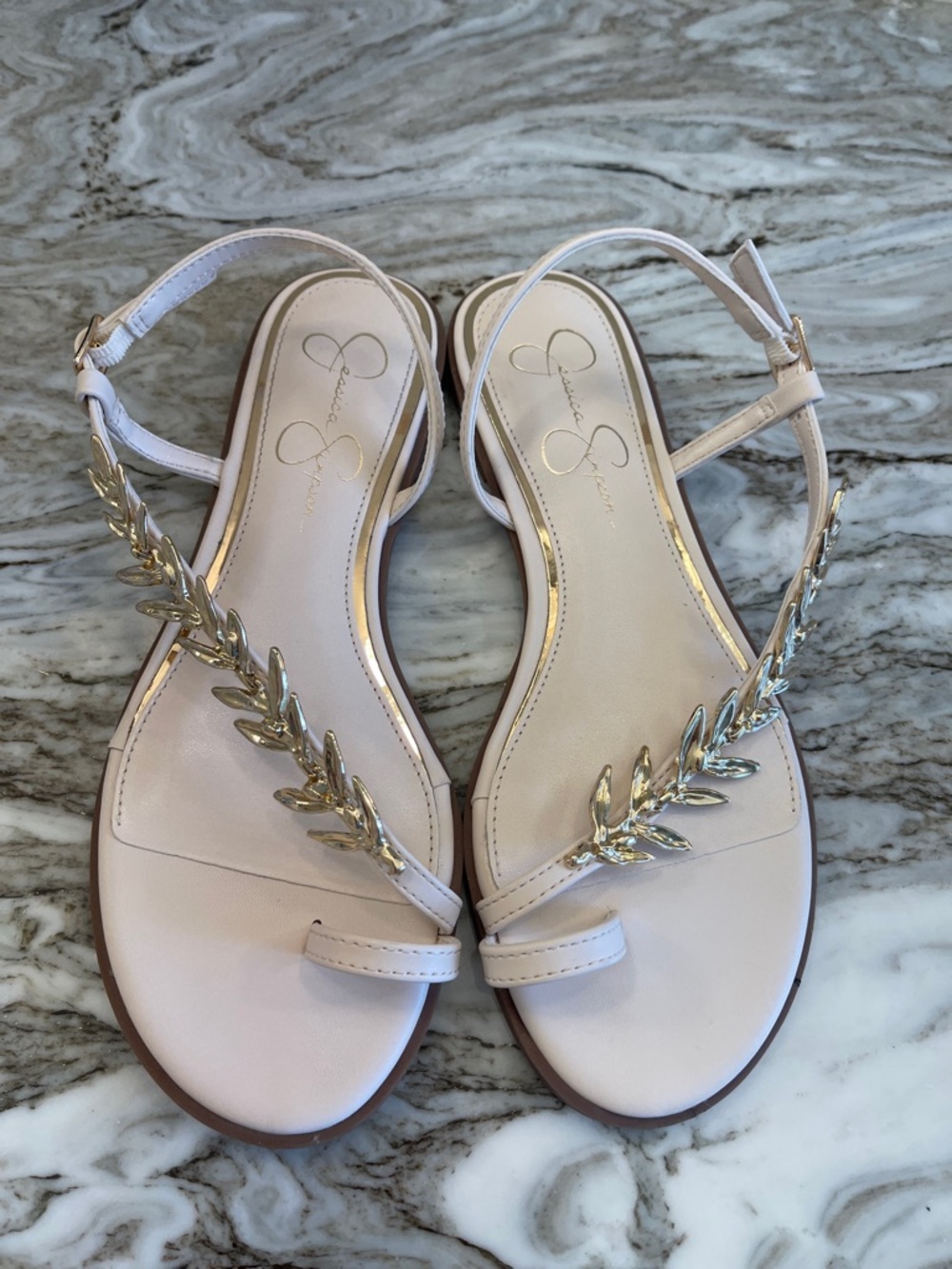 Jessica Simpson Cream Sandals with Gold Leaf Accents